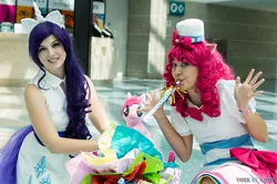 Size: 500x332 | Tagged: anime expo, artist:maxpowercosplay, artist needed, artist:rmtakesover, artist:unkcos8, clothes, cosplay, derpibooru import, dress, gala dress, human, irl, irl human, party cannon, party horn, photo, pinkie pie, rarity, safe