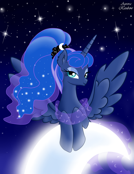 Size: 1852x2399 | Tagged: alternate hairstyle, artist:aurora69rainbow, derpibooru import, moon, ponytail, princess luna, safe, solo, stars, tangible heavenly object