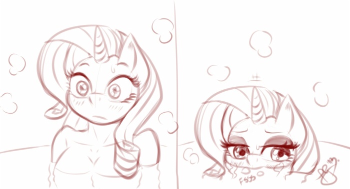 Size: 700x379 | Tagged: suggestive, artist:pia-sama, derpibooru import, rarity, anthro, unicorn, bath, blushing, comic, i have located the water jet, monochrome, solo, water, waterjob