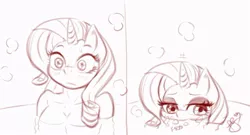 Size: 700x379 | Tagged: suggestive, artist:pia-sama, derpibooru import, rarity, anthro, unicorn, bath, blushing, comic, i have located the water jet, monochrome, solo, water, waterjob