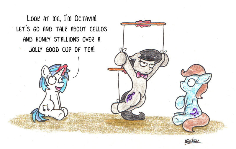 Size: 1024x646 | Tagged: safe, artist:bobthedalek, derpibooru import, beauty brass, octavia melody, vinyl scratch, earth pony, pony, unicorn, joke, levitation, magic, magic abuse, octavia is not amused, puppet rig, puppet strings, telekinesis, tied up, unamused