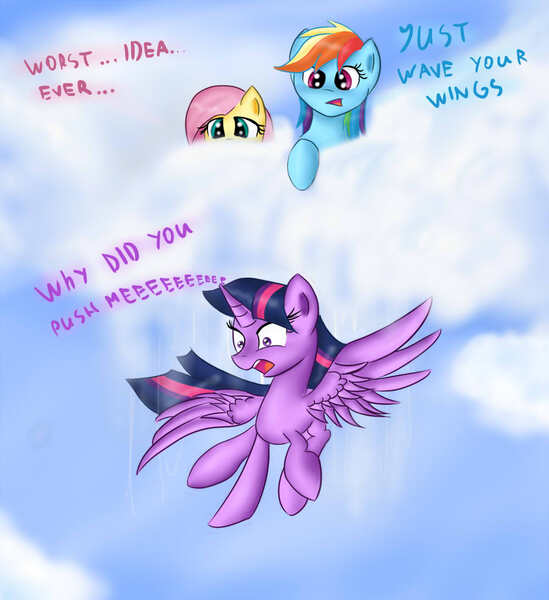 Size: 1000x1093 | Tagged: safe, artist:irigulus, derpibooru import, fluttershy, rainbow dash, twilight sparkle, twilight sparkle (alicorn), alicorn, pegasus, pony, abuse, cloud, cloudy, falling, female, flapping, flying, flying fail, flying lesson, mare, open mouth, scared, screaming, training, twilybuse, wide eyes