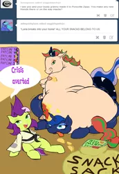 Size: 1280x1862 | Tagged: artist:hell ray, chubby, derpibooru import, fat, gi, impossibly large butt, oc, oc:zippy doo, plot, princess luna, safe, salsa spice, taco, tumblr