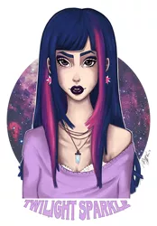 Size: 1024x1475 | Tagged: artist:ayaka-itoe, artist:misshapen-black, clothes, derpibooru import, human, humanized, lipstick, off shoulder, portrait, safe, solo, twilight sparkle