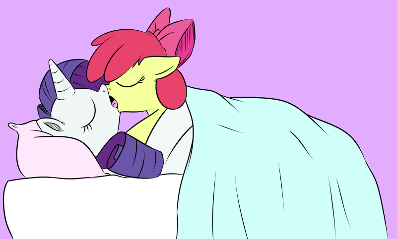 Size: 800x482 | Tagged: apple bloom, artist:xioade, bed, blanket, female, foalcon, french kiss, kissing, lesbian, mare on filly, pillow, raribloom, rarity, shipping, suggestive, under the covers