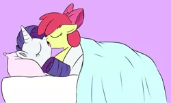 Size: 800x482 | Tagged: apple bloom, artist:xioade, bed, blanket, female, foalcon, french kiss, kissing, lesbian, mare on filly, pillow, raribloom, rarity, shipping, suggestive, under the covers