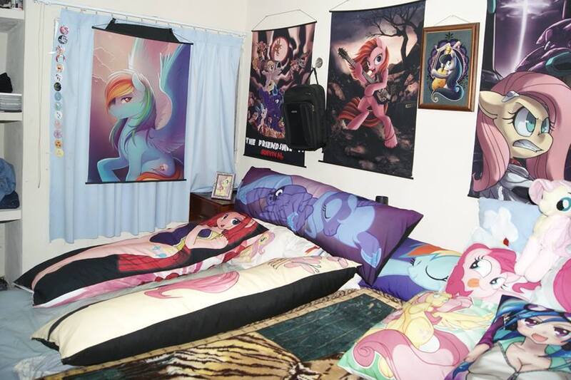 Size: 960x640 | Tagged: bedroom, body pillow, derpibooru import, fluttershy, human, humanized, irl, octavia melody, photo, pinkie pie, poster, princess luna, rainbow dash, safe, swag