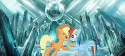 Size: 1280x574 | Tagged: app-el, applejack, derpibooru import, famous movie scene, fortress of solitude, general zod, pain, rainbow dash, safe, superman, superman 2, sweatdrop, zod