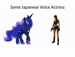 Size: 960x720 | Tagged: safe, derpibooru import, princess luna, alicorn, pony, dual pistols, exploitable meme, japanese, lara croft, meme, same voice actor, takako honda, tomb raider