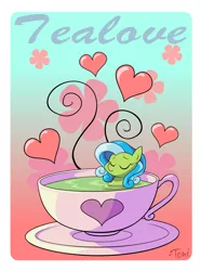 Size: 1836x2466 | Tagged: safe, artist:botchan-mlp, derpibooru import, tealove, pony, cup of pony, micro, solo, tea, teacup, tiny ponies