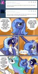 Size: 647x1265 | Tagged: artist:pijinpyon, ask, ask little luna, comic, derpibooru import, frown, magic, moonbutt, plot, princess celestia, princess luna, pun, s1 luna, suggestive, :t, teasing, tumblr, unamused