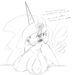 Size: 1045x1060 | Tagged: absolute cleavage, anthro, artist:zev, big breasts, bikini, breast rest, breasts, busty princess celestia, cleavage, clothes, derpibooru import, dialogue, erect nipples, female, grayscale, monochrome, nipple outline, princess celestia, solo, solo female, suggestive, swimsuit