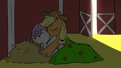 Size: 900x508 | Tagged: applejack, artist:xioade, barn, blanket, dark, door, female, foalcon, french kiss, hay, kissing, lesbian, mare on filly, shipping, suggestive, sweetie belle, sweetiejack, under the covers