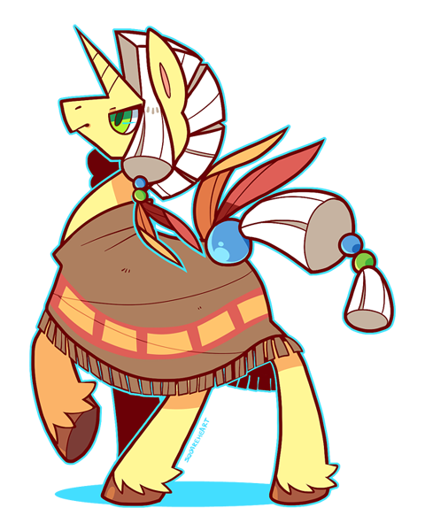 Size: 480x600 | Tagged: safe, artist:zhampy, derpibooru import, oc, oc:racing diamond, unofficial characters only, pony, unicorn, clothes, feather, male, poncho, solo, stallion, unshorn fetlocks