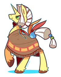 Size: 480x600 | Tagged: safe, artist:zhampy, derpibooru import, oc, oc:racing diamond, unofficial characters only, pony, unicorn, clothes, feather, male, poncho, solo, stallion, unshorn fetlocks