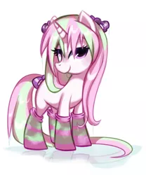 Size: 1408x1690 | Tagged: safe, artist:pepooni, derpibooru import, oc, oc:rosy cheeks, unofficial characters only, pony, unicorn, bow, clothes, female, mare, socks, solo, striped socks, tail bow, wet