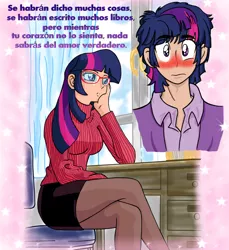 Size: 856x934 | Tagged: artist:reina-del-caos, blushing, breasts, busty twilight sparkle, clothes, crossed legs, derpibooru import, dusk shine, dusktwi, female, glasses, human, humanized, legs, male, pantyhose, rule 63, safe, selfcest, self ponidox, shipping, skirt, spanish, straight, sweater, trace, tube skirt, twilight sparkle