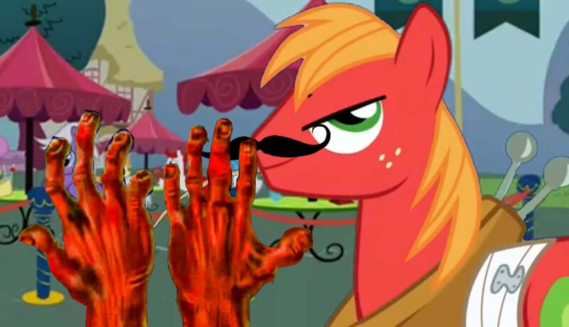 Size: 1502x864 | Tagged: semi-grimdark, artist:awfulfawfulthefalafe, derpibooru import, edit, screencap, big macintosh, earth pony, pony, fanfic, bandage, dirty hands, disguise, evil grin, hand, imminent rape, implied rape, male, moustache, rapeface, spongebob meets the strangler, spongebob squarepants, stallion, tattletale strangler, this will end in tears, youtube poop