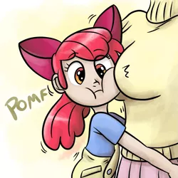 Size: 945x945 | Tagged: apple bloom, artist:king-kakapo, artist:megasweet, boob smothering, breasts, busty fluttershy, clothes, colored, derpibooru import, female, fluttershy, head out of frame, human, humanized, pomf, scene interpretation, source needed, stare master, suggestive, sweatershy, useless source url