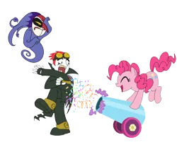 Size: 1200x1000 | Tagged: safe, artist:madmax, derpibooru import, pinkie pie, earth pony, human, pony, cannon, crossover, eyes closed, facepalm, fingerless gloves, goggles, jack spicer, open mouth, pants, partillery, party cannon, scared, simple background, surprised, transparent background, wuya, xiaolin showdown