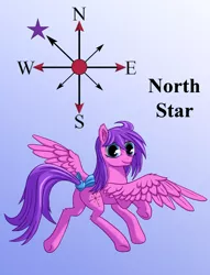 Size: 1200x1569 | Tagged: safe, artist:starbat, derpibooru import, north star, pegasus, pony, blue background, cutie mark, fluffy, flying, g1, gradient background, looking at you, looking back, simple background, smiling, solo, spread wings, tail bow, underhoof