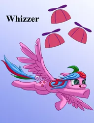 Size: 1200x1569 | Tagged: safe, artist:starbat, derpibooru import, whizzer, pegasus, pony, blue background, bow, cutie mark, flying, g1, gradient background, simple background, solo, spread wings, tail bow, tongue out, wings