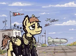 Size: 1000x738 | Tagged: safe, artist:agm, derpibooru import, oc, unofficial characters only, pegasus, pony, airfield, airship, clothes, uniform