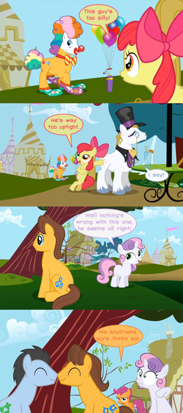 Size: 1592x3584 | Tagged: apple bloom, artist:thelastgherkin, big top, caramel, comic, cutie mark crusaders, derpibooru import, edit, gay, hearts and hooves day, hearts and hooves day (episode), lucky clover, male, persnickety, safe, scene parody, scootaloo, screencap, screencap comic, sweetie belle, the perfect stallion