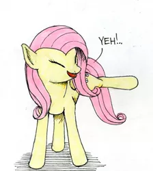 Size: 500x557 | Tagged: artist:el-yeguero, derpibooru import, eyes closed, filly funtasia, fluttershy, hoof popping, kicking, open mouth, raised leg, safe, smiling, standing