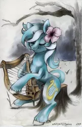 Size: 1280x1970 | Tagged: dead source, safe, artist:anightlypony, derpibooru import, lyra heartstrings, pony, unicorn, amputee, female, flower, flower in hair, lyre, mare, musical instrument, sitting, snow, solo, stump, tree