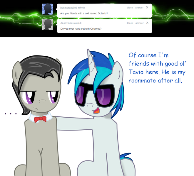 Size: 1100x1000 | Tagged: artist:staticwave12, ask, ask record scrape, derpibooru import, dj col-7, just friends, octavia melody, octavius, record scrape, rule 63, safe, tumblr, vinyl scratch