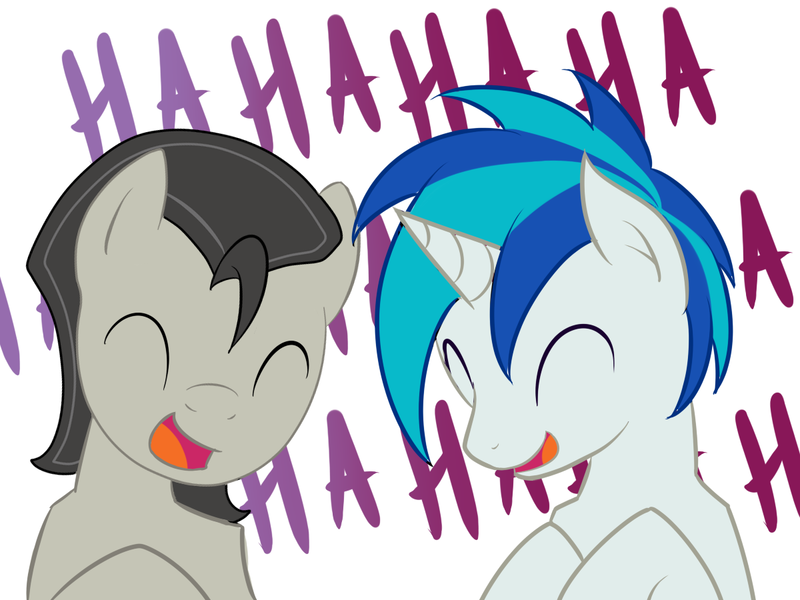 Size: 1200x900 | Tagged: artist:staticwave12, ask, ask record scrape, derpibooru import, dj col-7, duo, duo male, laughing, male, octavia melody, octavius, record scrape, rule 63, safe, tumblr, vinyl scratch