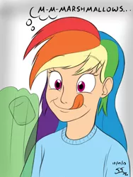 Size: 1200x1600 | Tagged: artist:tomtornados, colored, derpibooru import, human, humanized, jello, marshmallow, rainbow dash, safe, solo