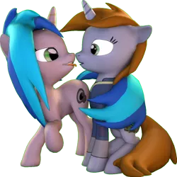 Size: 1030x1030 | Tagged: suggestive, artist:drdicksamazingstick, derpibooru import, oc, oc:homage, oc:littlepip, unofficial characters only, pony, unicorn, fallout equestria, fanfic, 3d, clothes, cutie mark, fanfic art, female, hooves, horn, lesbian, looking at each other, mare, oc x oc, open mouth, raised hoof, shipping, simple background, sitting, source filmmaker, standing, teeth, tongue out, transparent background, vault suit