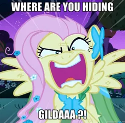 Size: 1096x1074 | Tagged: safe, derpibooru import, edit, edited screencap, screencap, fluttershy, gilda, gryphon, the best night ever, angry, cropped, drama, flutterrage, gilda drama, image macro, implied gilda, revenge, scratches, solo, spread wings, wings, you're going to love me