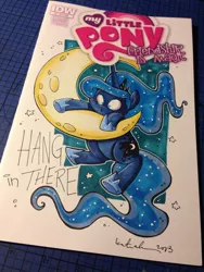Size: 1024x1365 | Tagged: artist:katiecandraw, derpibooru import, hang in there, moon, princess luna, safe, solo, tangible heavenly object, traditional art