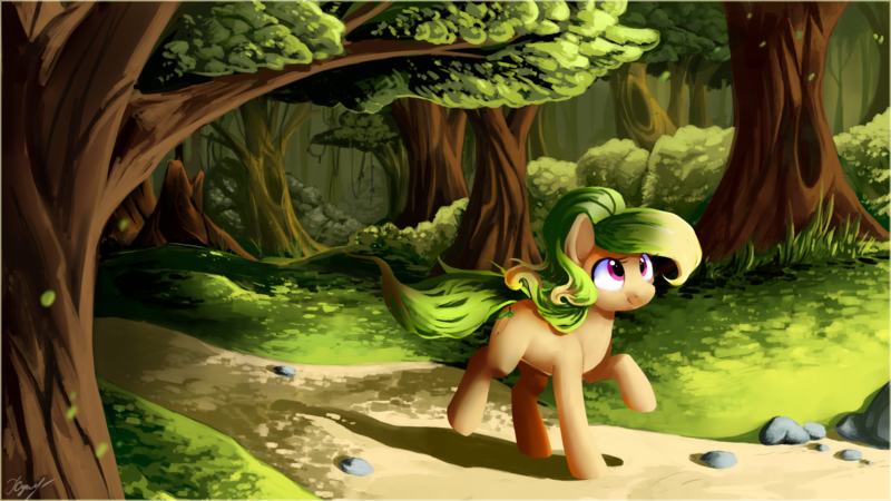 Size: 1920x1080 | Tagged: safe, artist:locksto, derpibooru import, oc, oc:duchess, unofficial characters only, pony, female, forest, mare, rock, scenery, solo, tree