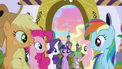 Size: 1280x720 | Tagged: safe, derpibooru import, screencap, applejack, fluttershy, pinkie pie, rainbow dash, rarity, spike, twilight sparkle, dragon, earth pony, pegasus, pony, unicorn, the crystal empire, spoiler:s03, aurora borealis, aurora crystialis, canterlot, female, male, mane seven, mane six, mare, unicorn twilight