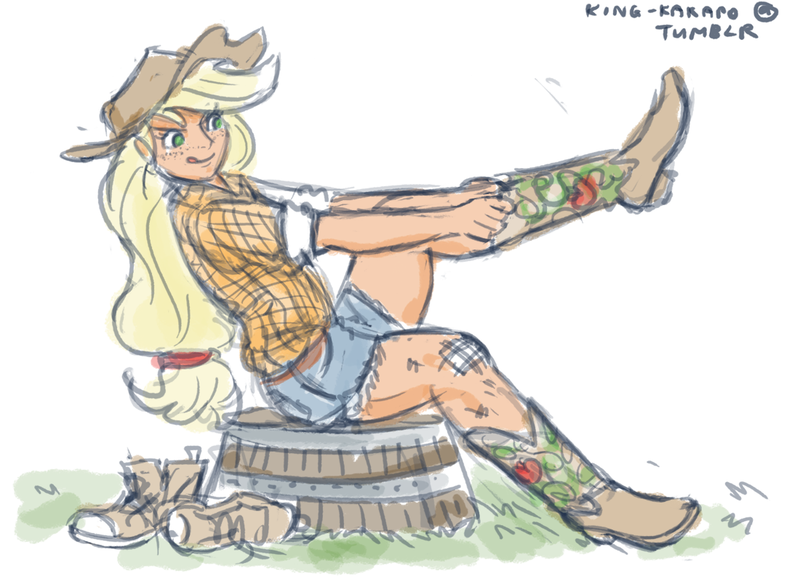 Size: 1100x803 | Tagged: 30 minute art challenge, applejack, artist:king-kakapo, bandage, boots, clothes, derpibooru import, dressing, human, humanized, safe, shoes, sitting, solo