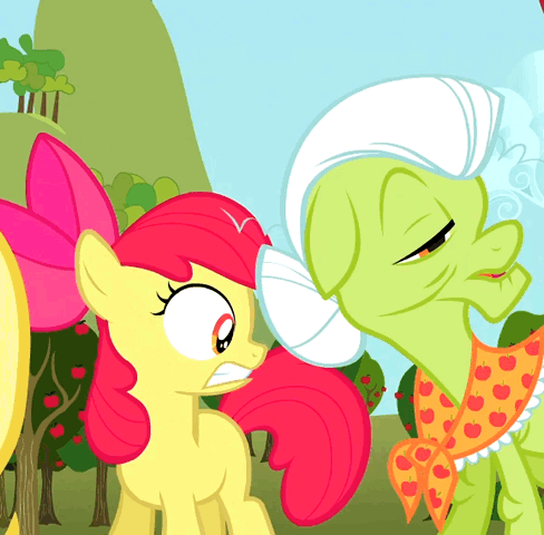 Size: 488x480 | Tagged: safe, derpibooru import, screencap, apple bloom, granny smith, the super speedy cider squeezy 6000, adorabloom, animated, cropped, cute, eye shimmer, frown, glare, gritted teeth, lip bite, sad