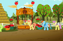 Size: 729x480 | Tagged: safe, derpibooru import, screencap, apple bloom, applejack, daisy, flower wishes, gala appleby, granny smith, parasol, pink lady, rainbow dash, sassaflash, earth pony, pegasus, pony, the super speedy cider squeezy 6000, animated, apple family member, apple tree, balancing, barrel, cider, cowboy hat, cute, dust, female, happy, hat, jackabetes, looking up, mare, mug, open mouth, orchard, prancing, smiling, smug, stetson, sweet apple acres, tree, trotting