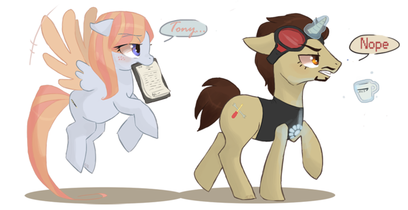 Size: 900x462 | Tagged: artist:nyo-yume, derpibooru import, iron man, marvel, pepper potts, ponified, safe, tony stark