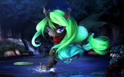 Size: 1157x720 | Tagged: artist:takuyarawr, changeling, changeling oc, changeling queen, changeling queen oc, derpibooru import, fangs, female, forest, lake, night, oc, oc:temptation, pond, safe, slit eyes, solo, unofficial characters only, water, waterfall