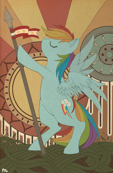 Size: 750x1150 | Tagged: safe, artist:nanghyang, derpibooru import, rainbow dash, pegasus, pony, abstract background, bipedal, eyes closed, female, mare, signature, solo, spear