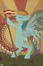 Size: 750x1150 | Tagged: safe, artist:nanghyang, derpibooru import, rainbow dash, pegasus, pony, abstract background, bipedal, eyes closed, female, mare, signature, solo, spear