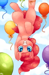 Size: 750x1149 | Tagged: artist:nanghyang, balloon, cloud, colored pupils, cute, derpibooru import, diapinkes, floating, looking at you, pinkie pie, safe, sky, smiling, solo, then watch her balloons lift her up to the sky, upside down