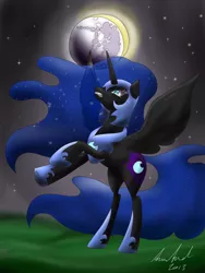 Size: 768x1024 | Tagged: safe, artist:dreamyartcosplay, derpibooru import, nightmare moon, alicorn, pony, angry, eclipse, ethereal mane, female, hoof shoes, mare, mare in the moon, moon, rearing, signature, solo, starry mane, sun