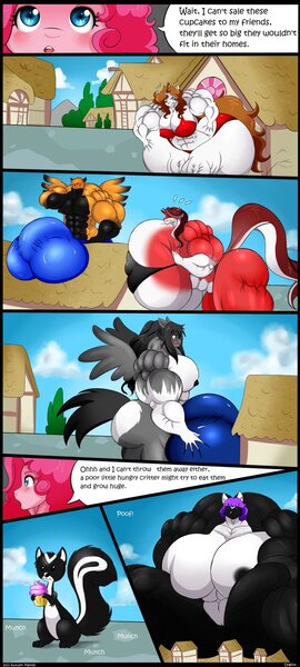 Size: 576x1280 | Tagged: questionable, artist:autumnmelody, derpibooru import, pinkie pie, oc, anthro, pegasus, skunk, unguligrade anthro, unicorn, comic:self-rising pinkie, anthro oc, ass, big breasts, bra, breasts, busty pinkie pie, comic, crotch bulge, female, fetish, giantess, growth, huge breasts, huge butt, hyper, impossibly large, impossibly large balls, impossibly large breasts, impossibly large butt, impossibly large penis, large butt, macro, male, muscle expansion, muscle fetish, muscles, nipples, nudity, overdeveloped muscles, panties, penis, pinkie pump, self insert
