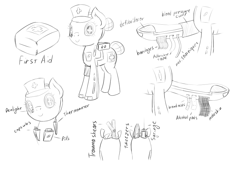 Size: 800x600 | Tagged: artist:fantasyglow, derpibooru import, design, first aid, first aid kit pony, monochrome, nurse, object pony, oc, original species, ponified, robot, safe