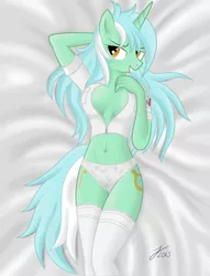 Size: 1330x1737 | Tagged: absolute cleavage, anthro, artist:kasaler, bed, bedroom eyes, belly button, breasts, busty lyra heartstrings, cleavage, clothes, derpibooru import, female, grin, lingerie, lyra heartstrings, messy mane, nurse, panties, smiling, smirk, solo, solo female, stockings, suggestive, sultry pose, thigh highs, underwear